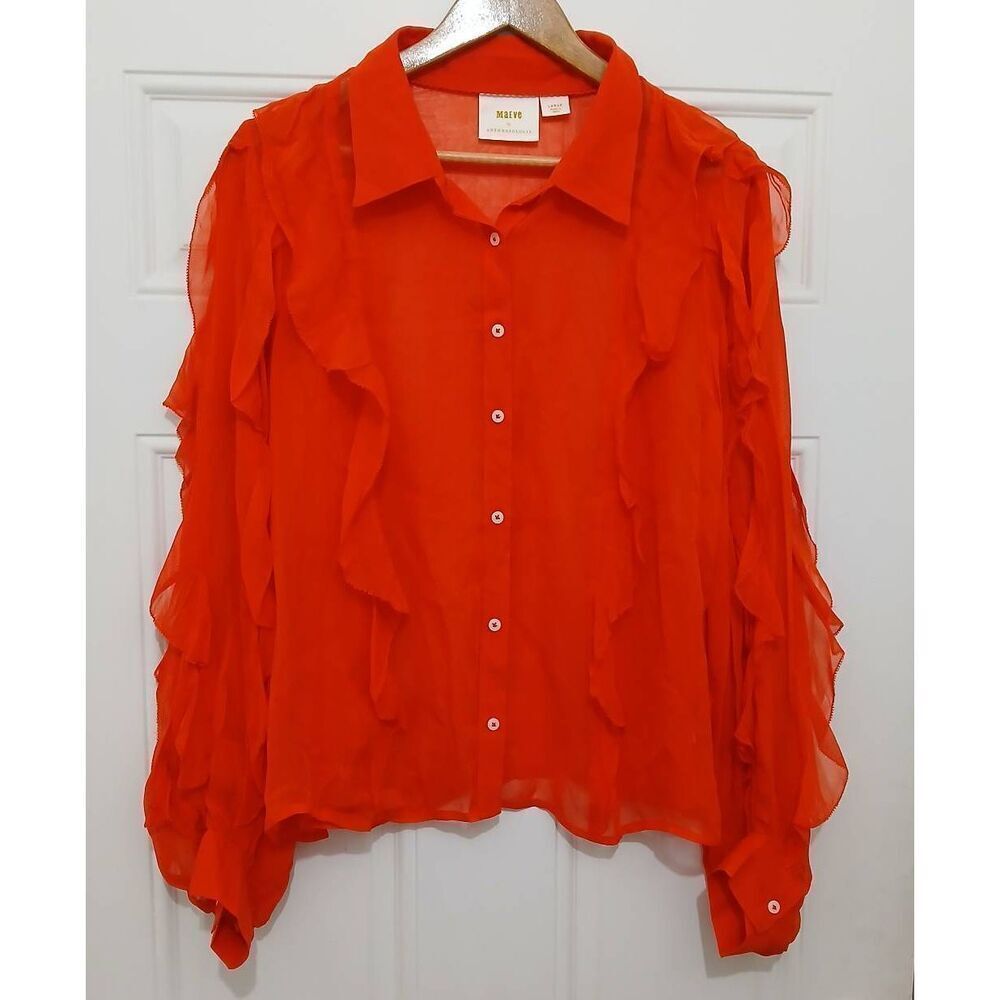 Mauve womens large red orange 100% viscose silk ruffle top shirt blouse